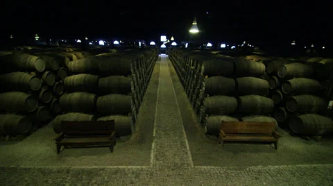 Large wine barrel warehouse Stock Footage 34414988
