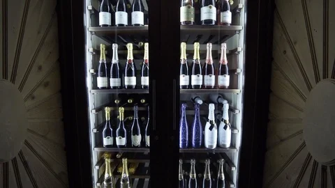 Large wine refrigerator in the restaurant Stock Footage