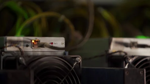 Large wired internet datacenter storage. Cryptocurrency mining equipment on Stock Footage 126691025