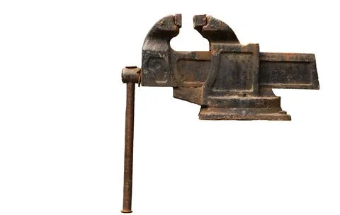 Large work vise Large locksmith vise in the workshop Isolated on white backgr Stock Photos