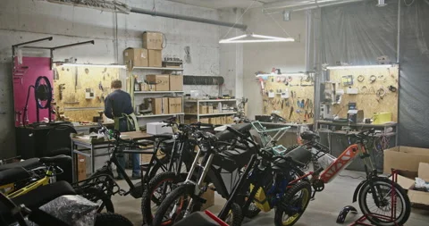 Large workshop business eco project for the production of electric bicycles. A Video stock 148646607