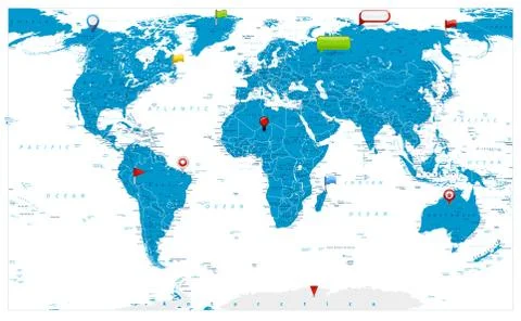 Large World Map and glossy icons on map Stock Illustration