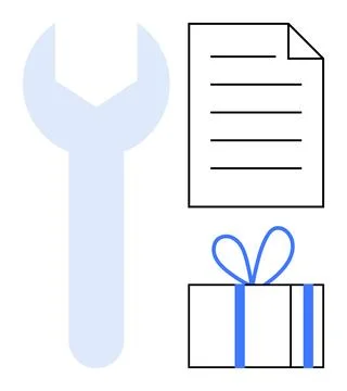 Large wrench, document with lines, and wrapped gift box with bow. Ideal for r Stock Illustration