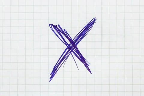 A large X drawn in blue pen on a sheet of gridded notebook paper Stock-Illustration