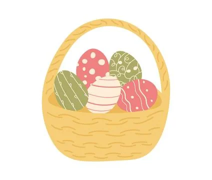 Large yellow Basket filled with Easter Eggs is drawn by hand. Eggshells are p Stock Illustration