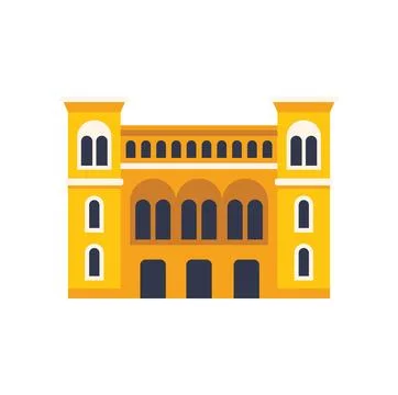 Large yellow building facade with arches and towers Ilustración de archivo