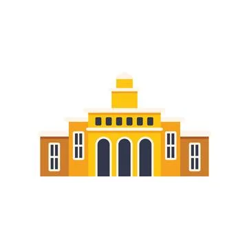 Large yellow building facade with tower and arches Ilustración de archivo