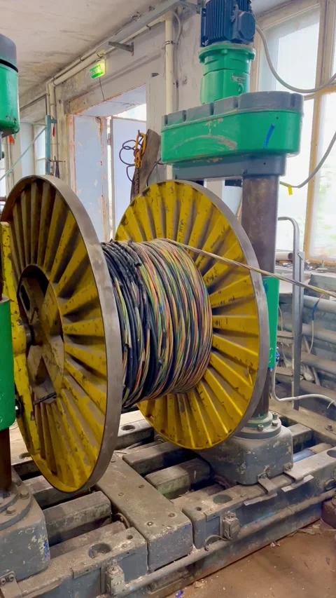 Large yellow industrial cable roll with multicolored wires. Industry workshop Stock Footage 322002727