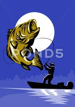 Largemouth bass fish fly fisherman fishing rod Stock Illustration