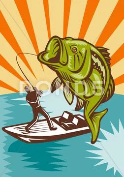 Largemouth bass fish fly fisherman fishing rod Stock Illustration