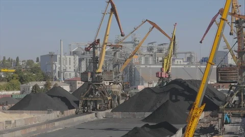 Larger cranes in the port, cranes load bulk materials. The work of cranes in the Stock Footage 118936066