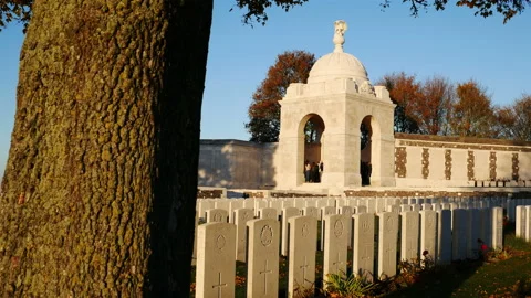 The largest and most visited british war cemetery : Tyne Cot,  Belgium at sunset Stock Footage 98105429