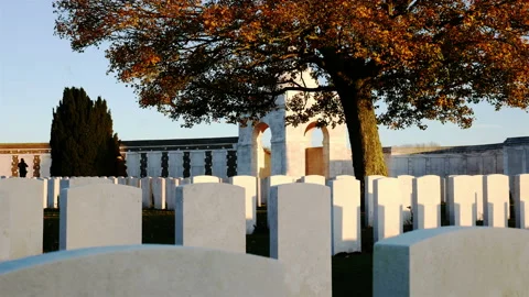 The largest and most visited british war cemetery : Tyne Cot,  Belgium at sunset Stock Footage 98108003