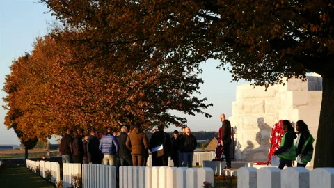 The largest and most visited british war cemetery : Tyne Cot,  Belgium at sunset Stock Footage 98109614