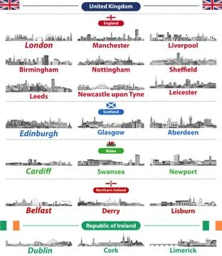 Largest cities skylines of British Isles countries Stock Illustration