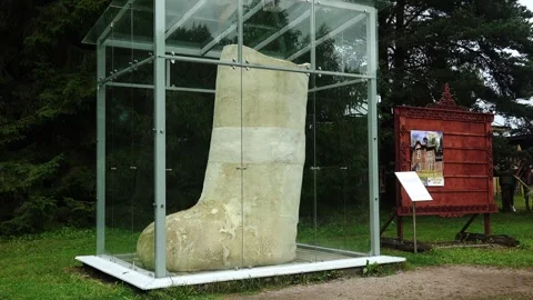 The largest felt boots in the world. 4K. Stock Footage 254016521
