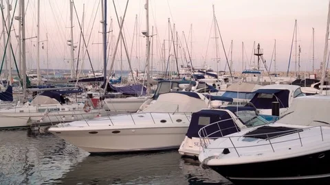 LARNACA, CYPRUS - CIRCA February 2017: Boats parked at the pier of Larnaca Stock Footage 79997286