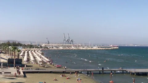 Larnaca Finikoudes Beach (view from the Castle) Stock Footage 82977235