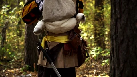 Larp player dressed in costume is making few steps in autumn forest Stock Footage 132217893
