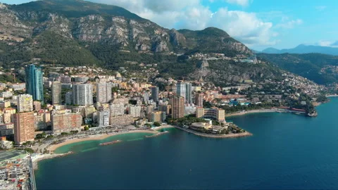 Larvotto Beach Tour Odeon Monaco Aerial View French Riviera Mediterranean Coast Video stock 334567205