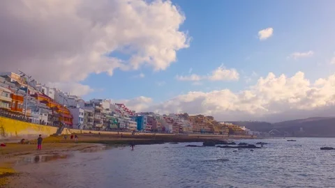 Las Canteras Beach and esplanade and view to the North Atlantic Ocean Stock Footage 249543785