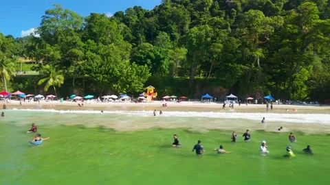 Las Cuevas Beach Low Flyover Swimmers Waves Crowded Shoreline Trinidad Stock Footage 341917252