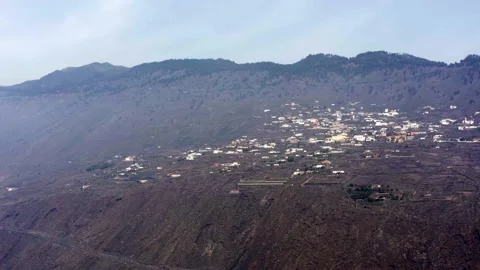 Las Indias town during eruption. 2021. La Palma. Drone shot. Aerial view. Stock Footage 199469080