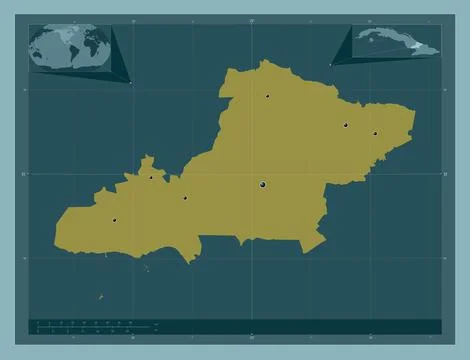 Las Tunas, Cuba. Solid color shape. Locations of major cities of the region Stock Illustration