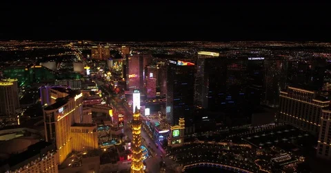 Las Vegas Aerial v43 Flying over main strip blvd at night with panoramic views Stock Footage