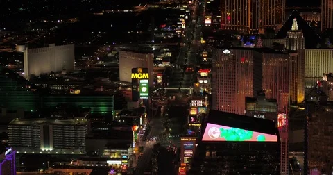Las Vegas Aerial v47 Flying over main strip area at night with panoramic views Stock Footage