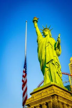 Las Vegas American flag and Statue of Liberty on the sky Stock Photos
