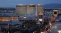 Las Vegas Skyline Busy Street Strip Establishing Shot Aerial View Dusk Commuters HD Footage