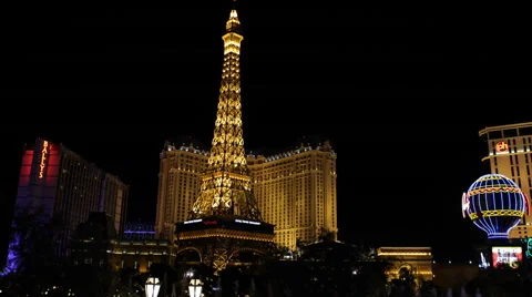 Las Vegas Skyline Cityscape Eiffel Tower Paris Hotel Ballys Casino Night Lights Stockbeeldmateriaal 44391254