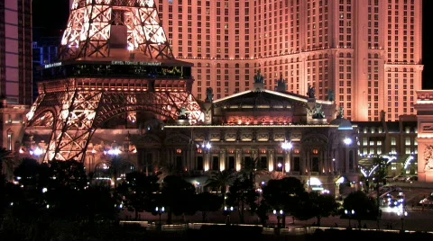 Las Vegas Strip Eiffel Tower night M HD Video stock 374075