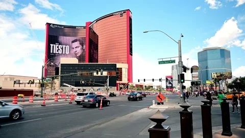 Las Vegas Strip intersection with tourists near Resorts World Stock Footage 154620115