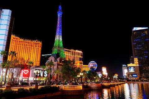 Las Vegas Strip at Night with Eiffel Tower and Planet Hollywood 写真素材