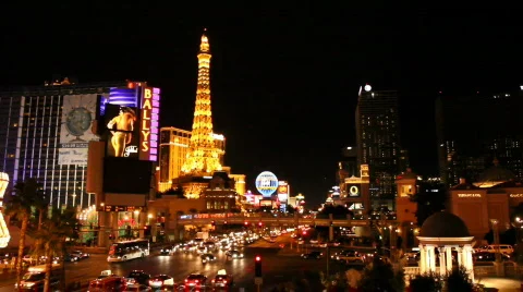 Las Vegas Strip Night Hotel Paris (HQ 1080p) Stock Footage