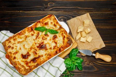 Lasagna in baking dish Stock Photos