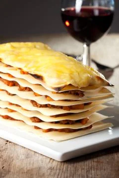 Lasagna with wine Stock Photos
