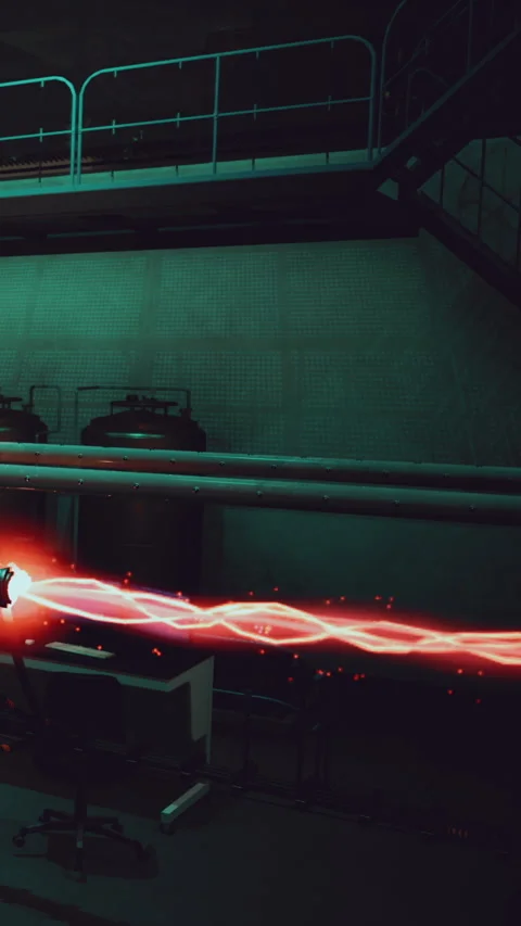 Laser beam moves through a dark laboratory space with tanks and equipment Stock Footage 338387076