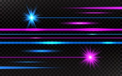Laser beams set. Pink and blue horizontal light rays. Abstract bright lines Stock-Illustration