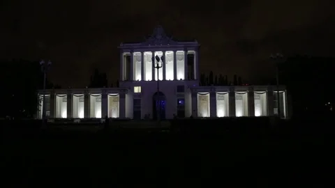 Laser colorful projection on pavilion building at VDNH on the Moscow Stock Footage 76877161