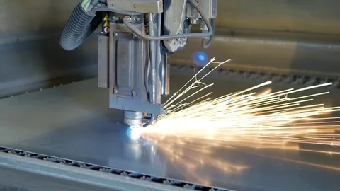 Laser cut machine while cutting the sheet metal with sparks and high precision Stock Footage 77831860