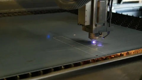 Laser cut machine while cutting the sheet metal with sparks and high precision Stock Footage 77832204