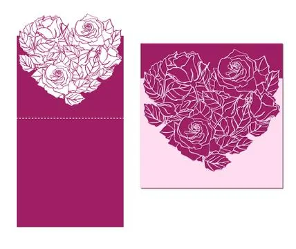 Laser cut vector card temlate with rose heart ornament. Cutout pattern silhou Illustrazione stock