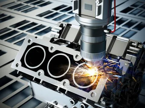 Laser cutter working on engine block. 3D illustration Laser cutter working... 库存照片