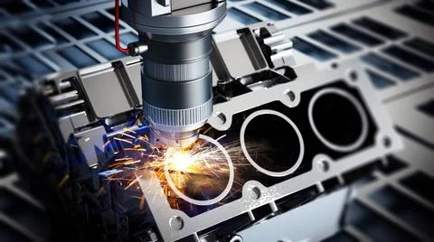 Laser cutter working on engine block. 3D illustration Laser cutter working... 库存照片