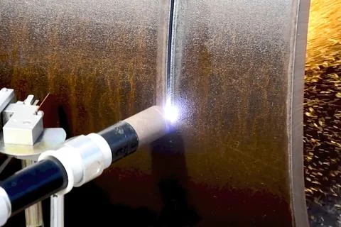 Laser cutting of gas pipelines using, special equipment. Stock Photos