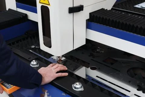 Laser cutting machine with CNC control in process Stock Photos