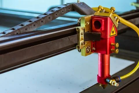 Laser Cutting Machine Thin Materials Cut Head Beam Idle Open Inside Red Body  Stock Photos
